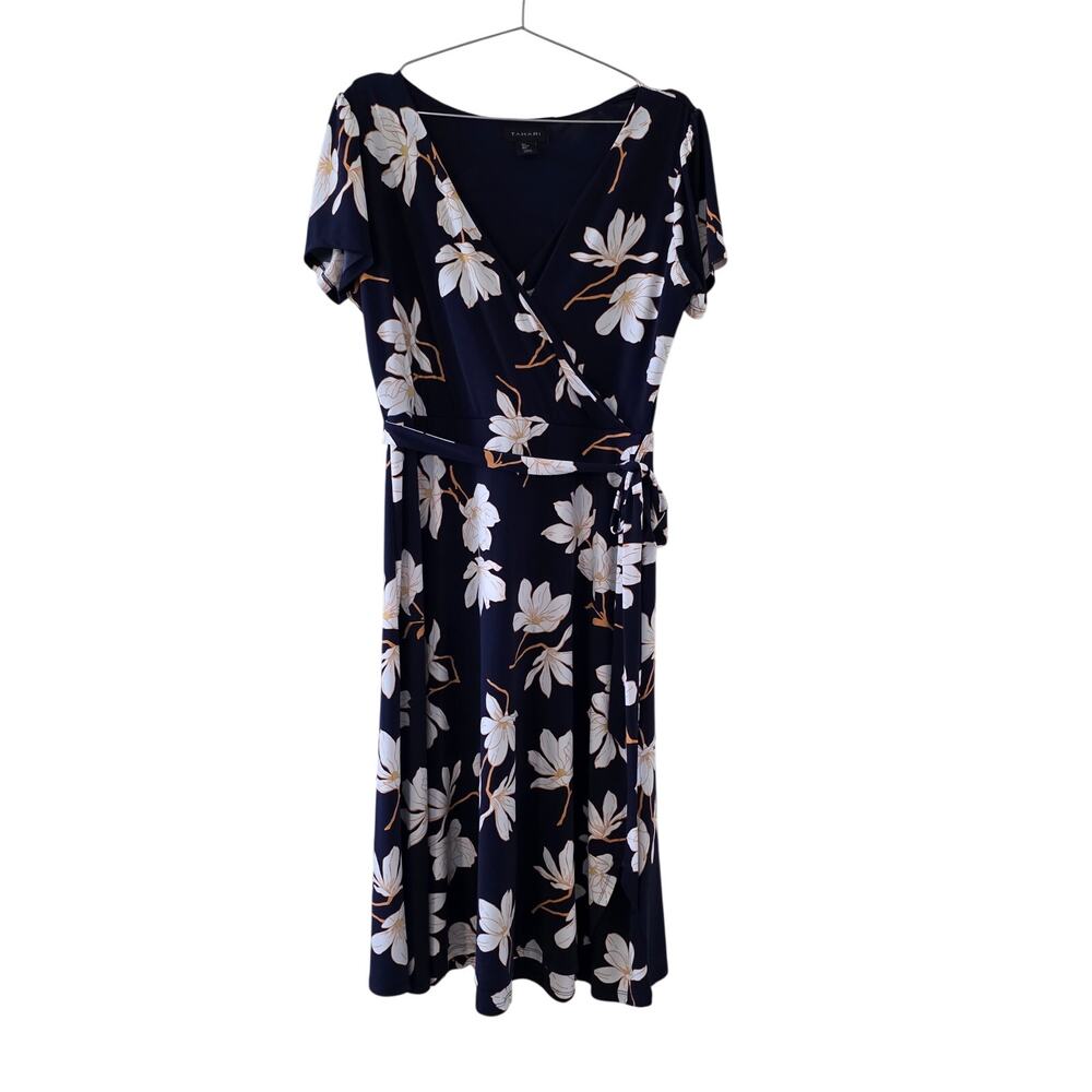Tahari Floral Wrap Dress Womens Large Navy Blue White Tie Waist Midi